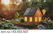 house with solar panels on the roof and a burning light bulb. concept of energy conservation, alternative energy sources, protection of ecology and nature, harmony with nature and environment. Стоковое AI-видео, аниматор Ольга Ильина / Фотобанк Лори