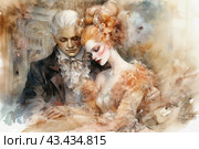Romantic scene in 18th century style. The focus is on a couple: a man and a woman, dressed in luxurious historical costumes. A man with white hair, wearing a dark suit with a lace collar and cuffs. A woman with red hair in an elaborate updo and adorned with flowers is wearing an off-the-shoulder dress adorned with ruffles and lace. They stand close to each other, creating an atmosphere of intimacy and tenderness. The woman leaned her head slightly on the man’s shoulder, and he hugged her, supporting her by the hand.The background is done in soft washed out watercolor tones, with hints of brown and gold, giving the scene a warm and romantic atmosphere. Architectural elements in the background create the feeling of being in a luxurious hall or palace. Стоковое AI-изображение, AI-художник Анна Кривицкая / Фотобанк Лори