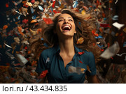 A young woman with long blond hair who laughs and expresses joy. Her hair flutters around, creating the effect of movement. Around her, colorful pieces of paper float in the air, adding dynamics and fun to the scene. The woman is wearing a blue blouse, which emphasizes her brightness and cheerfulness. The background of the image is blurred to focus on the emotion and movement of the central figure. The general atmosphere of the scene is a feeling of happiness, freedom and celebration. Стоковое AI-изображение, AI-художник Анна Кривицкая / Фотобанк Лори