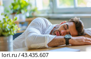 Image of a tired businessman reflecting fatigue and drowsiness in the office. Стоковое AI-изображение, AI-художник Юрий Поздников / Фотобанк Лори