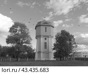 Водонапорная башня станции Слоним (чёрно-белый снимок), Гродненская область, Беларусь (2018 год). Стоковое фото, фотограф Алексей Иванов / Фотобанк Лори