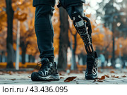Спортсмен с протезом ноги в осеннем парке. Стоковое AI-изображение, AI-художник Щеголева Ольга / Фотобанк Лори