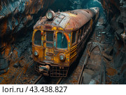 Old rusty train located inside the mine. The train appears abandoned and badly worn, with peeling paint and rusty parts. The mine around the train is a harsh and dark environment with stone walls and dripping water. The rails on which the train stands are covered with dirt and debris. The lighting is minimal, creating a dark and mysterious atmosphere. A large round headlight is visible in front of the train, and the windows are foggy and dirty. The overall scene appears abandoned and forgotten, emphasizing the industrial decay and harshness of the underground conditions. Стоковое AI-изображение, AI-художник Анна Кривицкая / Фотобанк Лори