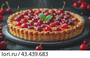 Delicious Homemade Cherry Pie with steam and Flaky Crust on rustic wooden background. Fresh backed hot cherry pie, cake with cherries with steam, tasty, soft and delicious, slow morion footage. Стоковое AI-видео, аниматор Ирина Михайличенко / Фотобанк Лори
