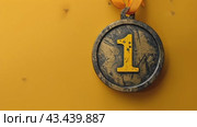 Gold medal for first place in competition on festive background with confetti, Golden symbol of winner, celebration, sport competition, champion games. Стоковое AI-видео, аниматор Ирина Михайличенко / Фотобанк Лори