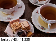 Кусочки пастилы ручной работы на блюдце и чашки с чаем. Стоковое фото, фотограф Константин Григорьев / Фотобанк Лори