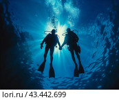 Scuba Divers Holding Hands Underwater. Стоковое AI-изображение, AI-художник Кирилл Черезов / Фотобанк Лори