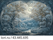 Magical winter forest under the moon. The trees are covered with frost and snow, creating an atmosphere of peace and quiet. At the center of the image is a winding river reflecting the light of the full moon. The sky is strewn with stars and mesmerizing patterns, which gives the scene a fairy-tale and mystical look. The frame of the picture is made in the Art Nouveau style, with exquisite decorative elements and patterns that emphasize the magic and beauty of the night forest. Стоковое AI-изображение, AI-художник Анна Кривицкая / Фотобанк Лори