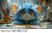 Cute fantastic creature with bright blue fluffy fur and huge expressive eyes. The creature sits at a table that is littered with various art supplies such as brushes, paints and pencils. Blurry objects are visible in the background, creating the atmosphere of a creative workshop. The creature also has bright orange and yellow accents in its fur, making it even more cute and funny. Стоковое AI-изображение, AI-художник Анна Кривицкая / Фотобанк Лори
