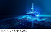 Digital Offshore Oil Rig in Blue Light. Стоковое AI-изображение, AI-художник Кирилл Черезов / Фотобанк Лори