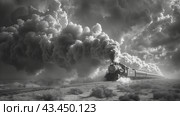 Black And White Photograph of a Steam Locomotive Train Traveling Through a Cloudy Sky. Стоковое AI-изображение, AI-художник Сергей Толмачёв / Фотобанк Лори
