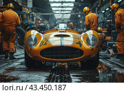 Vintage Yellow Race Car in Industrial Setting With Crew Members. Стоковое AI-изображение, AI-художник Сергей Толмачёв / Фотобанк Лори
