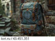 Vintage Blue Canvas Backpack With Leather Straps on a Stone Bench. Стоковое AI-изображение, AI-художник Сергей Толмачёв / Фотобанк Лори