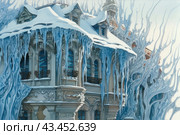 A building in a winter setting, covered with snow and icy patterns. The architecture of the building is exquisite, with balconies and windows decorated with wrought iron grilles. Icicles hang from the roofs and eaves, forming intricate icy shapes that give the building a fairy-tale look. The light palette of the image with a predominance of blue and white tones creates a feeling of cold winter beauty and magic. Стоковое AI-изображение, AI-художник Анна Кривицкая / Фотобанк Лори