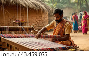 Traditional Indian weaver crafting on handloom in village settingries. Стоковое AI-изображение, AI-художник Анна Маркина / Фотобанк Лори