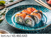 Japanese food. Sushi rolls California, Philadelphia with eel, red caviar and salmon. The concept of the sushi bar menu. Стоковое AI-изображение, AI-художник Photojuli / Фотобанк Лори