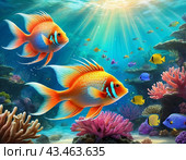 Vibrant orange white yellow blue red reef fish swim through coral reef. Sun rays pierce sea water. Variety of animal. Ecology hydrosphere. Anthropogenic factor influencing death of coral reefs. AI. Стоковое AI-изображение, AI-художник Юлия Петровская / Фотобанк Лори