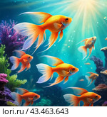 Vibrant orange white yellow blue red reef fish swim through coral reef. Sun rays pierce sea water. Variety of animal. Ecology hydrosphere. Anthropogenic factor influencing death of coral reefs. AI. Стоковое AI-изображение, AI-художник Юлия Петровская / Фотобанк Лори