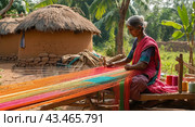 Traditional Indian weaver crafting on handloom in village settingries. Стоковое AI-изображение, AI-художник Анна Маркина / Фотобанк Лори