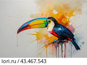 Toucan painting on a white wall, closeup of photo. Стоковое AI-изображение, AI-художник Васильева Юлия / Фотобанк Лори