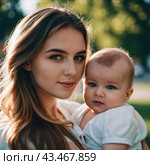 A mother lovingly gazes at her infant baby, holding the child close in her arms. Cute infant child is calm. Love of mother and child. Happy childhood. Family relationships, motherhood and fertility. Стоковое AI-изображение, AI-художник Юлия Петровская / Фотобанк Лори