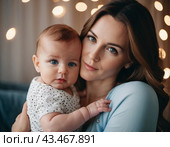A mother lovingly gazes at her infant baby, holding the child close in her arms. Cute infant child is calm. Love of mother and child. Happy childhood. Family relationships, motherhood and fertility. Стоковое AI-изображение, AI-художник Юлия Петровская / Фотобанк Лори