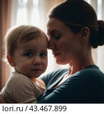 A mother lovingly gazes at her infant baby, holding the child close in her arms. Cute infant child is calm. Love of mother and child. Happy childhood. Family relationships, motherhood and fertility. Стоковое AI-изображение, AI-художник Юлия Петровская / Фотобанк Лори
