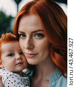 A mother lovingly gazes at her infant baby, holding the child close in her arms. Cute infant child is calm. Love of mother and child. Happy childhood. Family relationships, motherhood and fertility. Стоковое AI-изображение, AI-художник Юлия Петровская / Фотобанк Лори