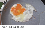 A close-up view of a single egg cooking in a pan. Стоковое видео, видеограф Андрей Знаменский / Фотобанк Лори