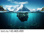 A majestic mountain peak partially hidden under water. In the foreground is an underwater extension of the mountain, surrounded by clear blue water, through which rocks and the bottom of the reservoir are visible. The water is so clear that you can clearly see how the peak continues under the water, creating an iceberg effect. In the background, snow-capped mountain peaks create a stunning contrast with the clear water and blue sky. Стоковое AI-изображение, AI-художник Анна Кривицкая / Фотобанк Лори