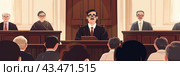 A judge presides over a courtroom trial with a defendant, lawyers, and jury members present. Стоковое AI-изображение, AI-художник Данила Большаков / Фотобанк Лори