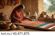 Traditional Indian weaver crafting on handloom in village settingries. Стоковое AI-изображение, AI-художник Анна Маркина / Фотобанк Лори