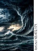 Dramatic scenery of giant tsunami waves at dark stormy sky background with tornado on urban skyline. Poster of meteorology eco climate problem. Apocalyptic scene, doomsday concept. Copy ad text space. Стоковое AI-изображение, AI-художник Aleksandr Golubev / Фотобанк Лори