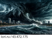 Dramatic scenery of giant tsunami waves at dark stormy sky background with tornado on urban skyline. Poster of meteorology eco climate problem. Apocalyptic scene, doomsday concept. Copy ad text space. Стоковое AI-изображение, AI-художник Aleksandr Golubev / Фотобанк Лори