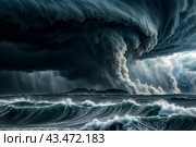 Dramatic scenery of giant tsunami waves at dark stormy sky background with tornado on urban skyline. Poster of meteorology eco climate problem. Apocalyptic scene, doomsday concept. Copy ad text space. Стоковое AI-изображение, AI-художник Aleksandr Golubev / Фотобанк Лори