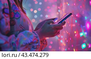 A person is holding a phone with "like", "message", "comment" and "like" notification icons floating above the smartphone screen, as well as with social networks and digital communications. Стоковое AI-видео, аниматор Терехова Марина / Фотобанк Лори