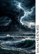 Dramatic scenery of tornado at urban skyline, giant tsunami waves at dark stormy sky with lightning bolt. Poster of meteorology climate problem. Apocalyptic scene, doomsday concept. Copy ad text space. Стоковое AI-изображение, AI-художник Aleksandr Golubev / Фотобанк Лори