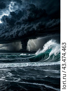 Dramatic scenery of tornado at urban skyline, giant tsunami waves at dark stormy sky with lightning bolt. Poster of meteorology climate problem. Apocalyptic scene, doomsday concept. Copy ad text space. Стоковое AI-изображение, AI-художник Aleksandr Golubev / Фотобанк Лори