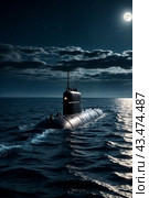 Surfaced unknown nuclear submarine at north night waters in open sea/ocean. Sub military control of sea, protection of water. Naval forces army, military war technology concept. Copy ad text space. Стоковое AI-изображение, AI-художник Aleksandr Golubev / Фотобанк Лори