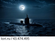 Surfaced unknown nuclear submarine at north night waters in open sea/ocean. Sub military control of sea, protection of water. Naval forces army, military war technology concept. Copy ad text space. Стоковое AI-изображение, AI-художник Aleksandr Golubev / Фотобанк Лори
