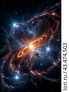 Celestial space phenomenon as supernova with exploding stars cosmic shock waves and radiant nebula on night sky. Perfect background for poster. Cosmic science spectacle concept. Copy ad text space. Стоковое AI-изображение, AI-художник Aleksandr Golubev / Фотобанк Лори