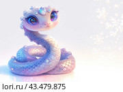 3D cute snake with blue eyes and a pink body. The snake is wearing a crown of crystals 2025. Стоковое AI-изображение, AI-художник Ekaterina Ismagilova / Фотобанк Лори