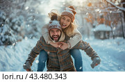 In the midst of a snowy landscape, a man cheerfully gives a woman a piggyback ride. Стоковое AI-изображение, AI-художник Юрий Поздников / Фотобанк Лори