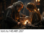 Two people, an elderly man and a young woman, working together in a forge. A man with gray hair and a beard carefully shows something to a young woman. Both are dressed in rough, dark clothes suitable for working in a workshop. Tools and blacksmithing supplies are visible in the background, as well as a burning fire that illuminates their faces with a warm light. The atmosphere of the image conveys the spirit of medieval craft work and learning. Стоковое AI-изображение, AI-художник Анна Кривицкая / Фотобанк Лори
