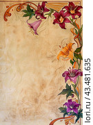 Art deco style edges made up of day Lilies and morning glories, on a white background. Стоковое AI-изображение, AI-художник Ирина Ручушкина / Фотобанк Лори