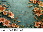 Art deco style edges made up of day Lilies and morning glories, on a white background. Стоковое AI-изображение, AI-художник Ирина Ручушкина / Фотобанк Лори