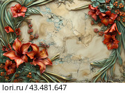 Art deco style edges made up of day Lilies and morning glories, on a white background. Стоковое AI-изображение, AI-художник Ирина Ручушкина / Фотобанк Лори