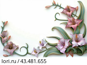 Art deco style edges made up of day Lilies and morning glories, on a white background. Стоковое AI-изображение, AI-художник Ирина Ручушкина / Фотобанк Лори