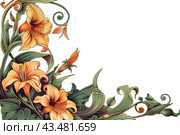 Art deco style edges made up of day Lilies and morning glories, on a white background. Стоковое AI-изображение, AI-художник Ирина Ручушкина / Фотобанк Лори