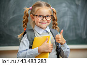A cute girl with glasses shows the class with her hand. The child goes to school for the first time. A child with a school bag and a book. A child in the classroom on the background of a blackboard. Back to school. Стоковое AI-изображение, AI-художник Photojuli / Фотобанк Лори